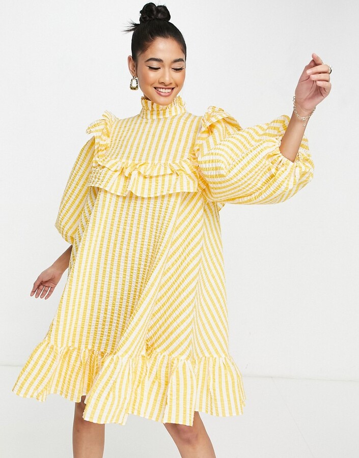 ASOS EDITION textured ruffle mini dress with high neck in yellow stripe -  ShopStyle