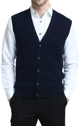 Kallspin Relaxed Fit Mens V-Neck Cable Knit Cashmere Sweater Vest with Front Button (, XXL)