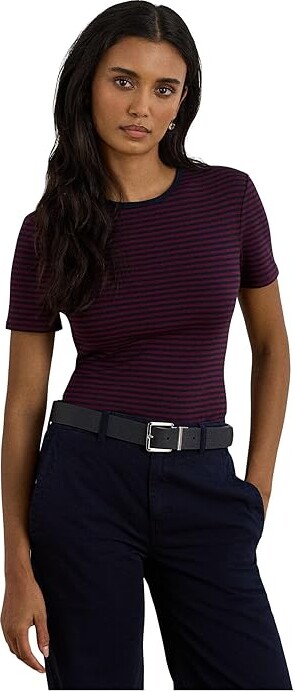 Lauren Ralph Lauren Striped Stretch Cotton Crewneck T-Shirts Women's Clothing Dark Garnet/Lauren Navy : MD, Cotton/Elastane