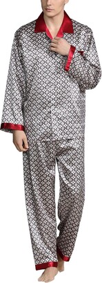 Aumelr Men's Traditional Pyjamas Sets Gold Classic Woven Plain-Weave Loungewear Pyjama 2 Pieces Top/Bottoms Polyester Red-flower XL