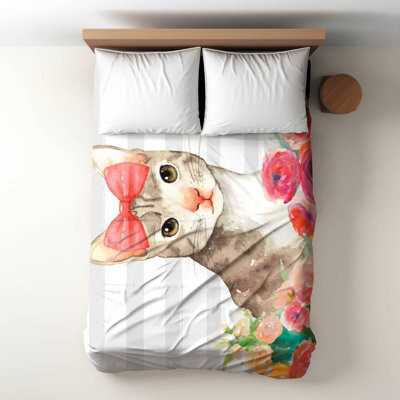 Begin Edition International Inc. Small Cat with Flowers Gray Duvet Cover - Bedroom Decor