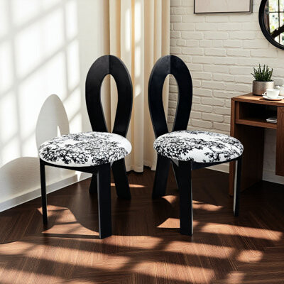 Wrought Studio Of 2 Linen Upholstered Solid Wood Dining Chairs With White Round Cushion Key - Shaped  Black Walnut Comfortable Seats Easy Cleaning Keyhole Natura