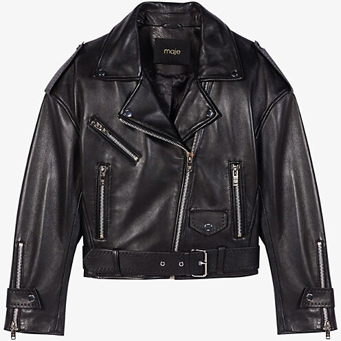 Maje Womens Noir / Gris Dropped-shoulder Biker Leather Jacket - ShopStyle