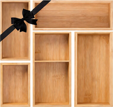 Rebrilliant Bamboo Drawer Organizer 5 Compartments – Multi-Purpose Wooden Dividers For Kitchen Office Jewelry Cosmetics Desk Organizer Gift For Women