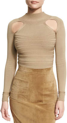 Cushnie Ribbed Mock-Neck Thong Bodysuit with Cutouts, Beige