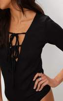 Thumbnail for your product : PrettyLittleThing Black Soft Rib Tie Front Thong Bodysuit