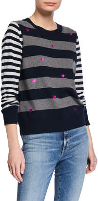 LISA TODD Skip A Beat Multi-Stripe Cotton/Cashmere Sweater w/ Embroidered Hearts
