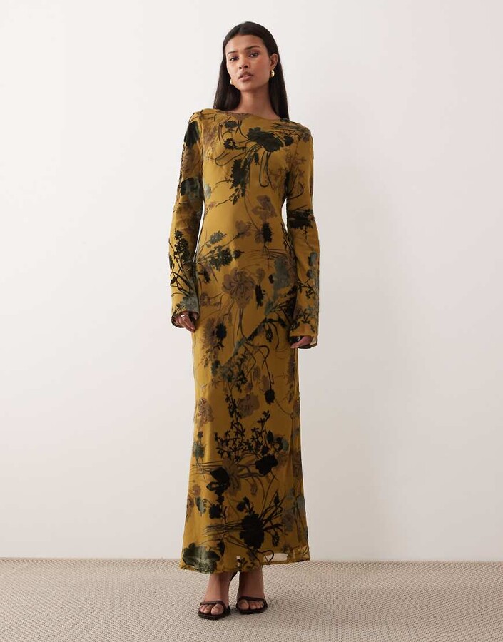 ASOS DESIGN long sleeve devore maxi dress in green floral