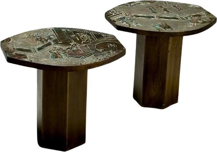 Philip And Kelvin Laverne, Etched Bronze, Rare Tao Side Tables, Usa, 1960s