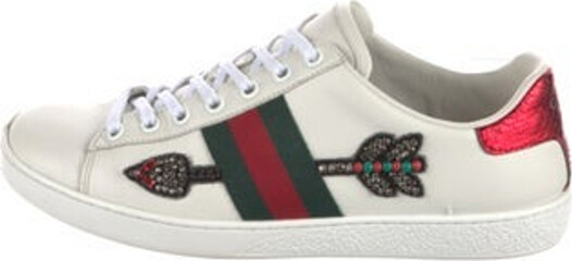 Gucci Leather Low Top Sneakers White Striped Web Accent Beaded, Grosgrain, Embroidered & Crystal Accents Round-Toes Lace-Up Closure at Uppers Designer