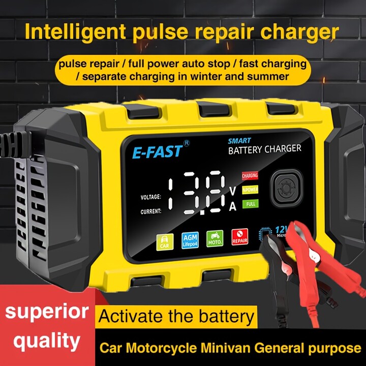 Temu 12v 6a Smart Car Battery Charger - Lcd Display, Agm Deep Cycle Gel Lead-acid, Auto Motorcycle, Jump - Yellow, Us