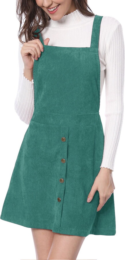 DARING DIVA Women’s Corduroy Button Front A-Line Bib Overall Pinafore Dress M Green