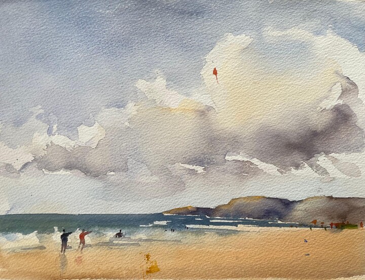 Anthony Avery, British Impressionist Watercolor of Beach Scene with Figures Flying Kite