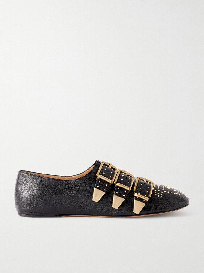 Chloé Susan Studded Buckled Leather Flats - Black