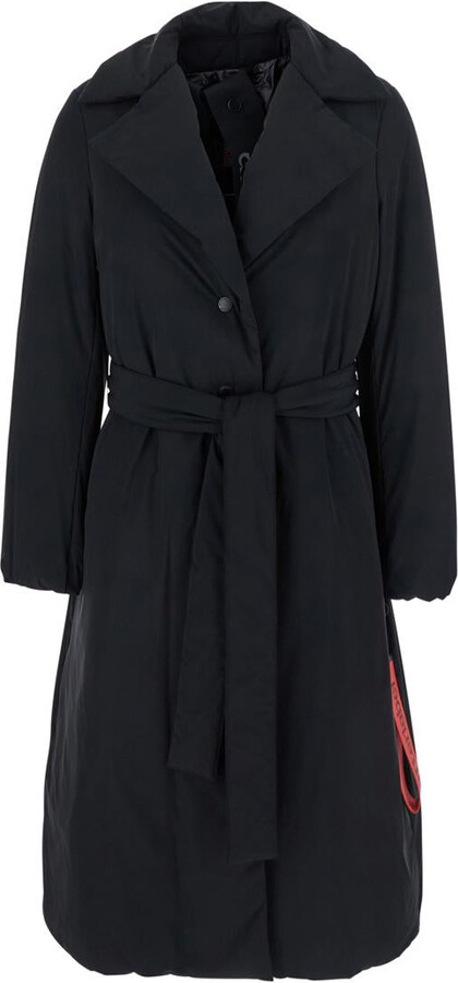 After Label 'Oklan' Black Coat With Wide Lapels And Waist Belt In Tech Fabric Man