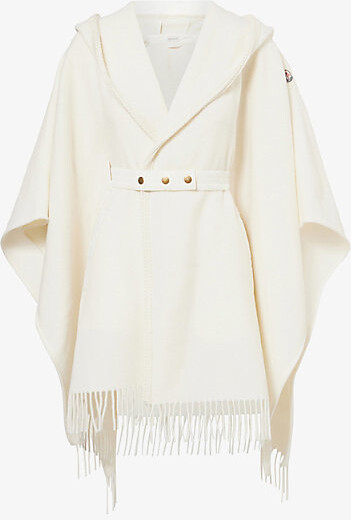Moncler Womens Natural Hooded Fringed Wool Cape