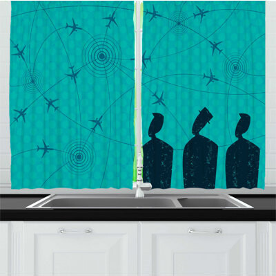 2 Piece Airport Abstract Creative Man Silhouettes Look Flight Paths Kitchen Curtain Set