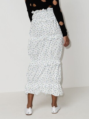 yuhan wang White Floral Print Ruched Midi Skirt
