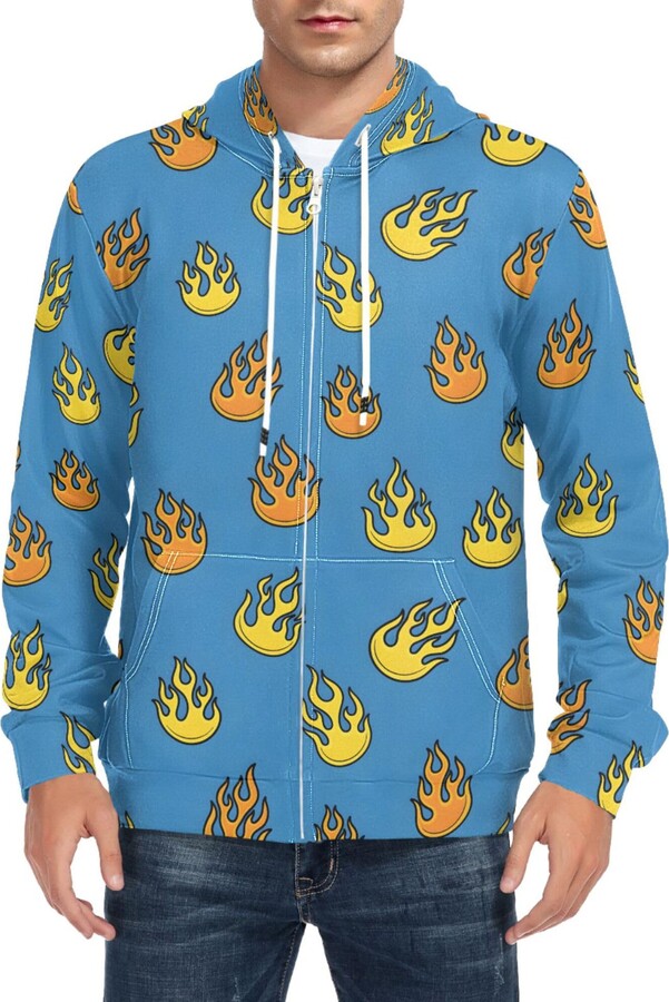 CUPADA Mens Fashion Hoodies Flame Design on Blue Full Zip Hoodie with Pocket Casual Sweatshirt Comfortable Fit