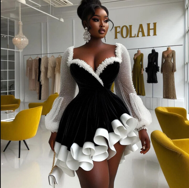 WDPL Puff Sleeve Prom Dress Birthday Phot Shoot Velvet Full Sleeves Prom Gowns Bead Sequins Pleated Mini Short Prom Dress