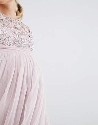 Little Mistress Maternity Short Sleeve Lace Bodice Mini Dress With Tulle Skirt