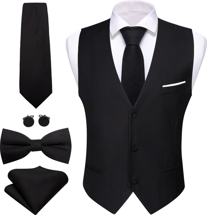 Barry.Wang Men Black Formal Waistcoat Vneck Slim Fit Suit Vest Tie