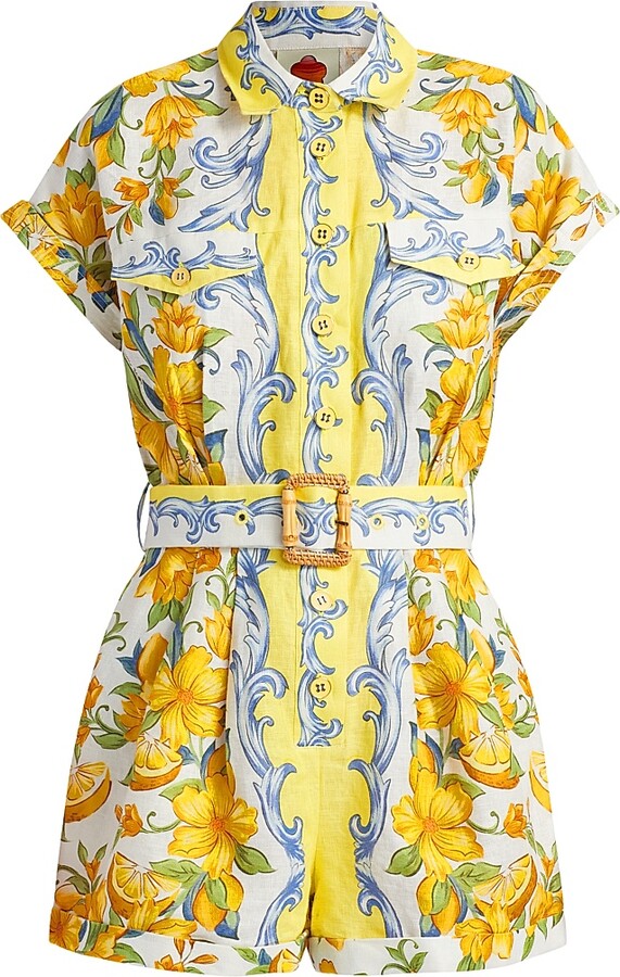 Farm Rio Women's Sicily Floral Linen Romper - Off White - Size XS
