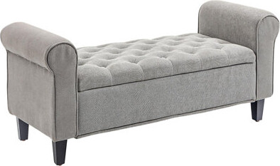 50" Storage Ottoman Bench, Upholstered End of Bed Bench with Rolled Arms, Wood Legs, Button Tufted Storage Bench with Safety Hinges for Living Room, E
