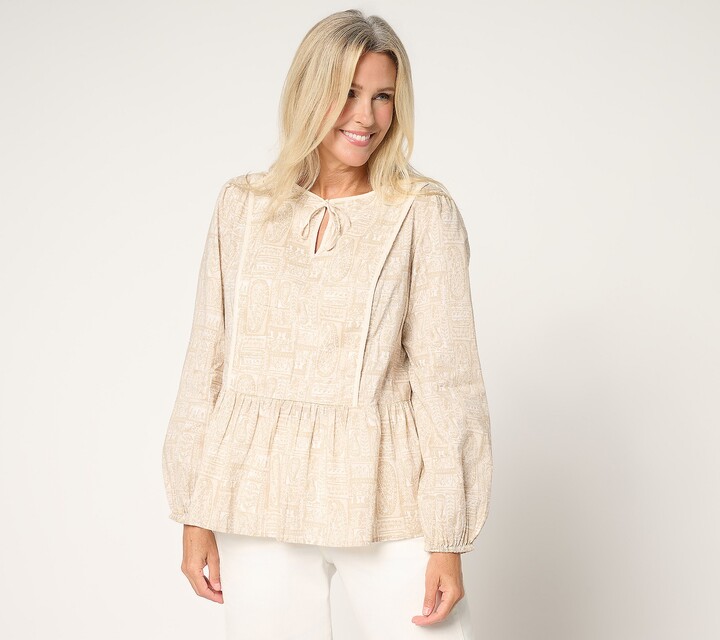 Logo by Lori Goldstein 100% Cotton Printed Tie Neck Blouse