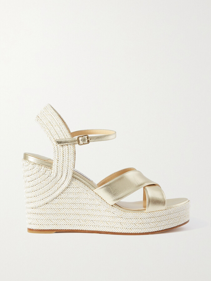 Jimmy Choo Dellena 100 Metallic Leather Espadrille Wedge Sandals - Neutrals