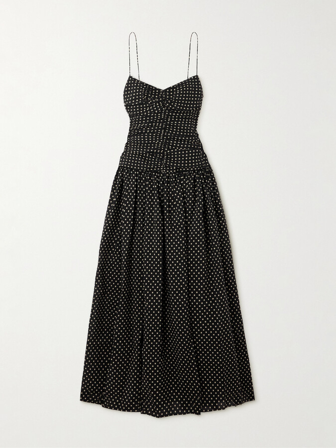 Matteau Gathered Polka-dot Organic Cotton And Silk-blend Midi Dress - Black