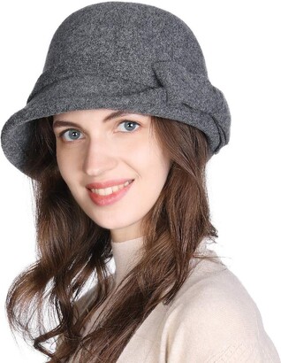 Jeff & Aimy Wool Winter Fedora for Women Felt Vintage 1920s Bucket Round Bowler Hat Cloche Warm Ladies Gray One Size