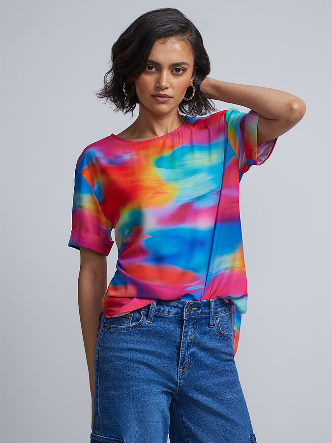 New York & Co. NY&Co Women's Tall Tie-Dye Print Crewneck Side-Slit Cuffed  Blouse - ShopStyle Tops