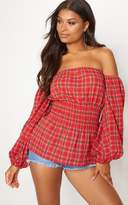 Thumbnail for your product : PrettyLittleThing Mustard Check Shirred Detail Long Sleeve Bardot Top