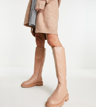London Rebel Leather Wide Fit London Rebel wide fit chunky pull on knee  boots in beige drench - ShopStyle