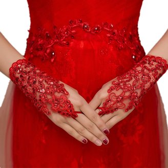 Ruiyuhong Lace Fingerless Rhinestone Bridal Gloves for Wedding Party