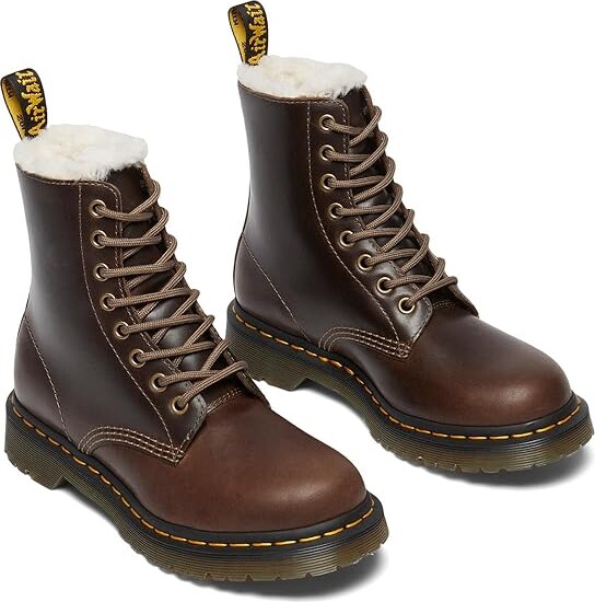 Dr. Martens 1460 Serena Faux Fur Lined Lace-Up Boots Women's Boots Dark Khaki : UK 9 (US Women's 11) M, Leather