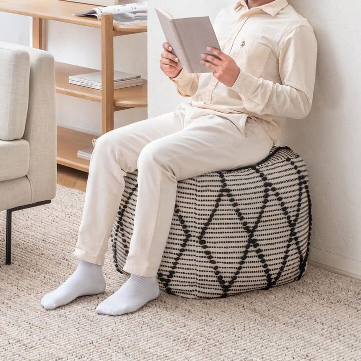 Anji Mountain Black/White Cotton Pouf Ottoman-Diamond Design, Firm EPP Bead Filling, Footrest or Extra Seat for Living Room