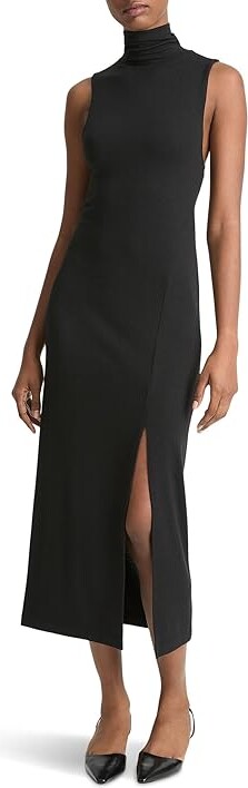 Vince Sleeveless Turtleneck Dress with Side Slit Women's Dress Black : SM, Polyester/Rayon/Spandex