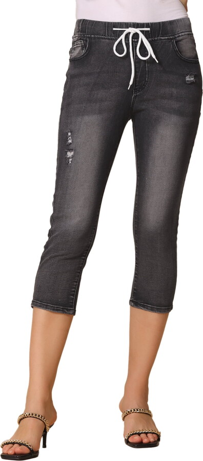 DARING DIVA Women’s Denim Capri Pants Distressed Drawstring Skinny Jeans S Black