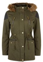 Thumbnail for your product : New Look Teens Khaki Contrast Shoulder Panel Faux Fur Trim Hooded Parka