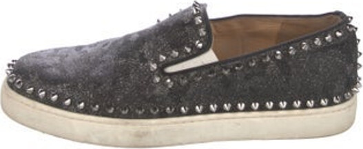 Christian Louboutin Suede Slip-On Sneakers Metallic & Silver Spike Accents Rubber Trim Studded & Glitter Accents Round-Toes Designer
