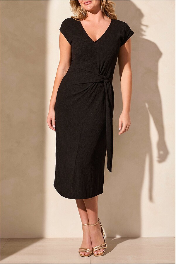 Textured Short-Sleeve Midi Dress With Fr ont Tie