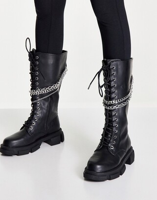 Pimkie knee high lace up chunky flat boots with chain detail in black