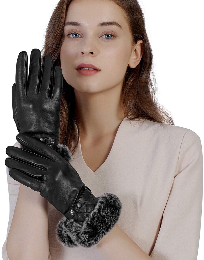 GSG Women Leather Gloves Rabbit Fur Cuff Touchscreen Warm Winter