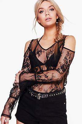 boohoo Womens Aimee Lace Frill Cold Shoulder Top