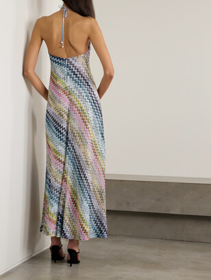 【MISSONI】crochet-knit ホールターネック maxi ドレス Missoni Signature Zig Zag Metallic Crochet Knit Halterneck
