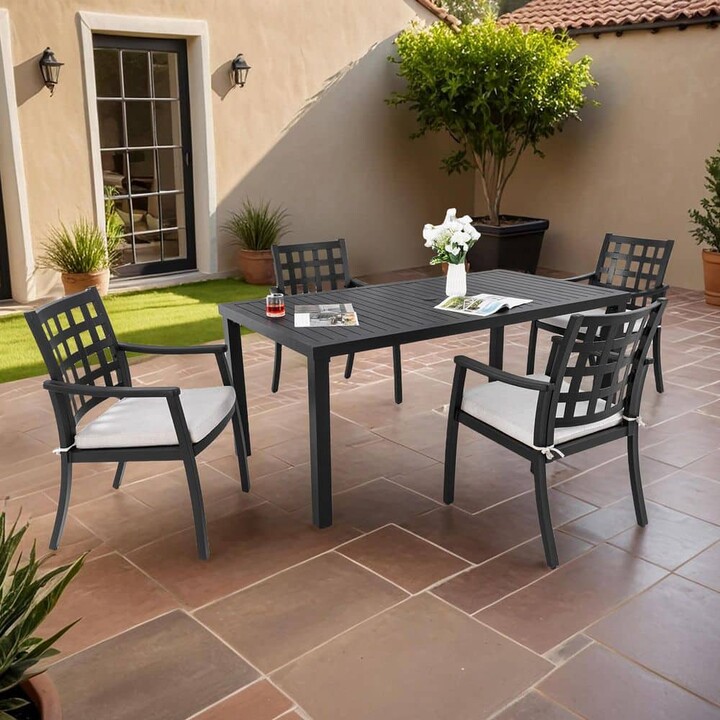 Oyezvary 5-Piece Aluminum Rectangular Outdoor Dining Set with 4-Stationary Dining Chairs, Rust-Free, Textured, Ember Black