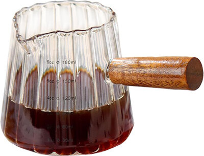 Ebern Designs Glass Espresso Measuring Cup with Wooden Handle – Dual Scale Vintage Ribbed Design