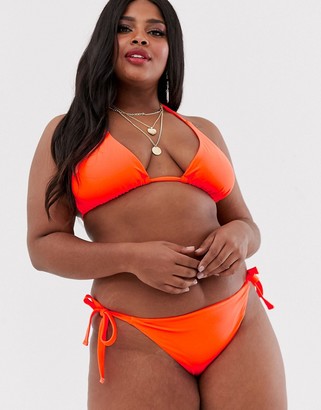 ASOS DESIGN curve sleek tie side bikini bottom in neon orange